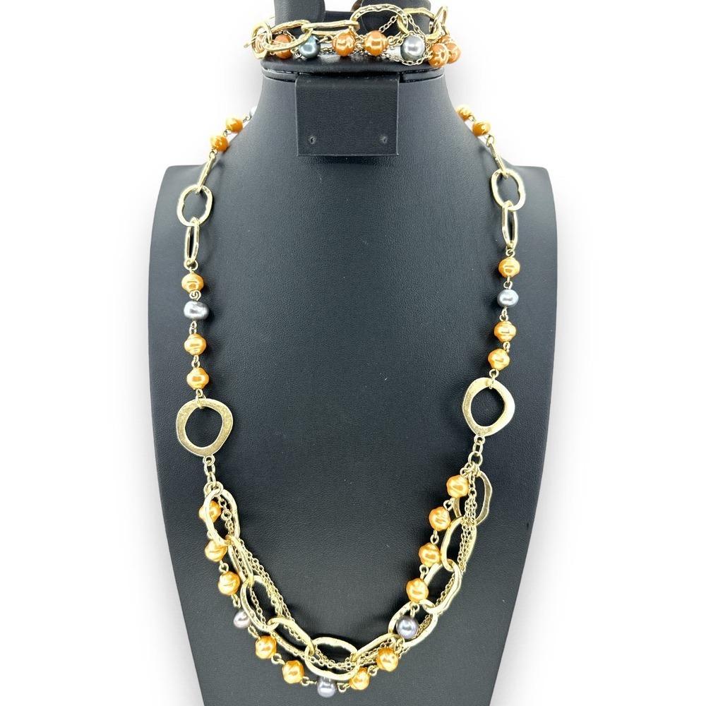 Premier Designs Jewelry Set Pearl over Gold Tone Chain Necklace & Earrings